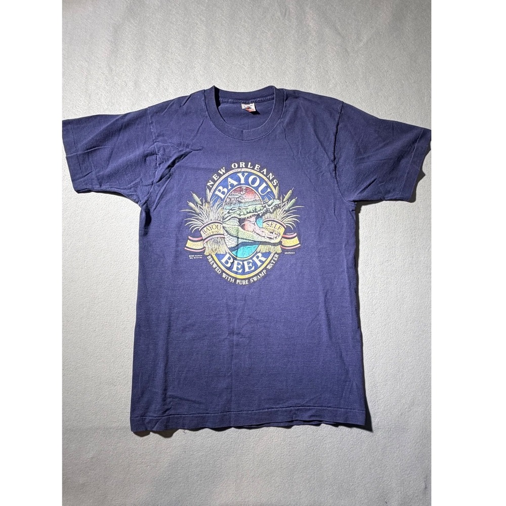 1988 Vintage Fruit of the Loom Bayou Beer T-Shirt Mens L Navy Blue Alligator 80s